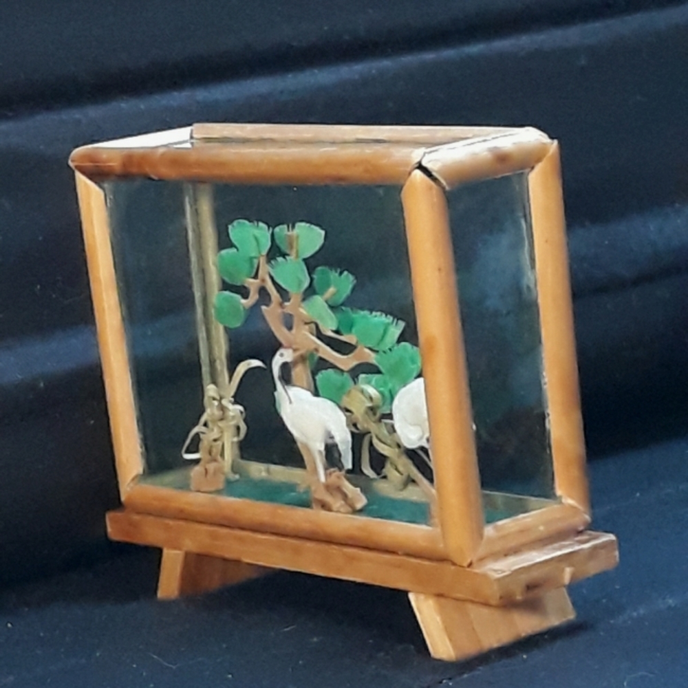 Vintage Miniature Chinese 3D Cranes Landscape Glass Bamboo Diorama Display - Picture 9 of 12